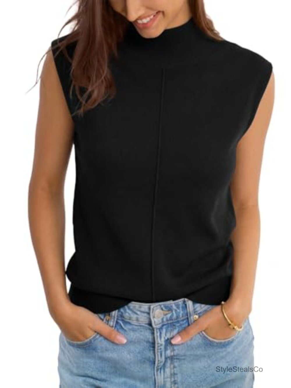 Wool Blend Mock Neck Sleeveless Tank Top Loose Fit Business Casual Knit